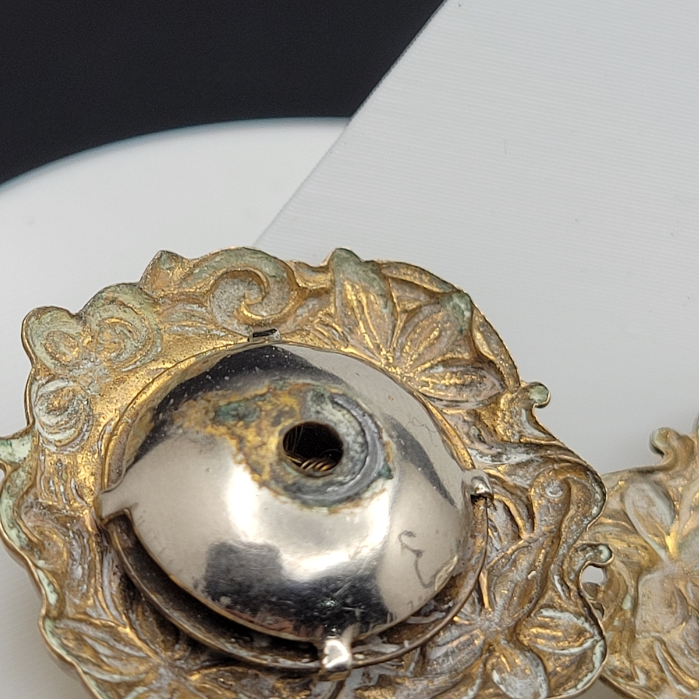 Vintage Art Nouveau Brass Faux Cluster Pearl Sterling Clip-On Earrings *AS-IS* - Picture 14 of 15